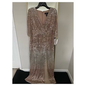 NWT R&M Richards Womens Gold Champagne Ombre sequined V Neck Dress Gown.